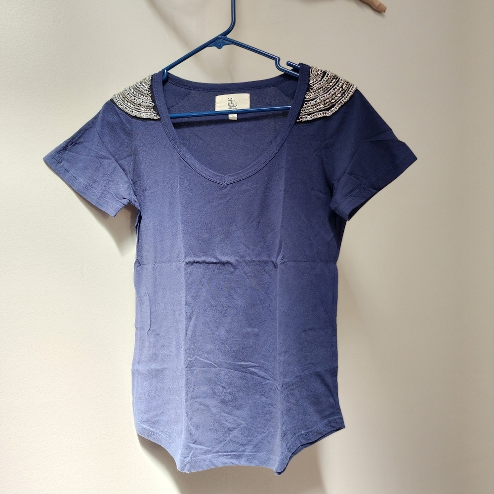Sophie Moran-Navy Blue V-Neck Shirt with Silver Shoulder Chains